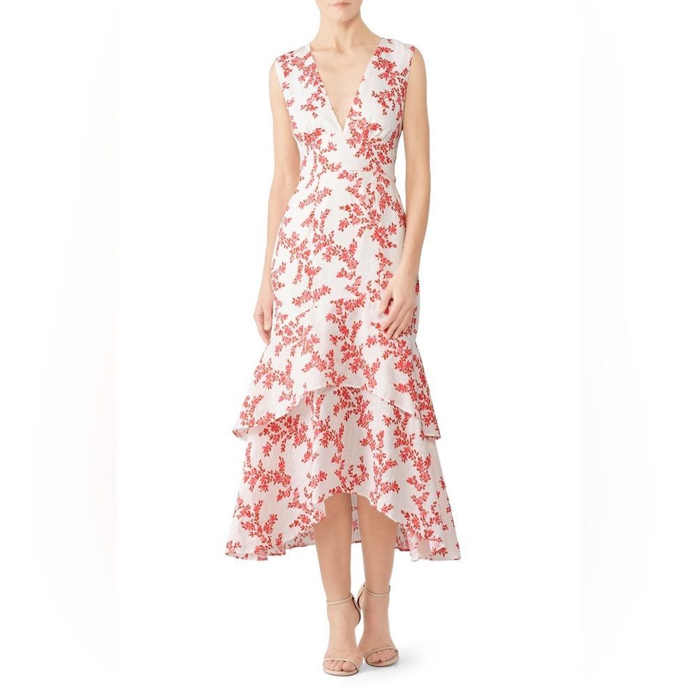 KEEPSAKE the Label White Pink 100% Linen High Low Ruffle Deep V Midi Dress M